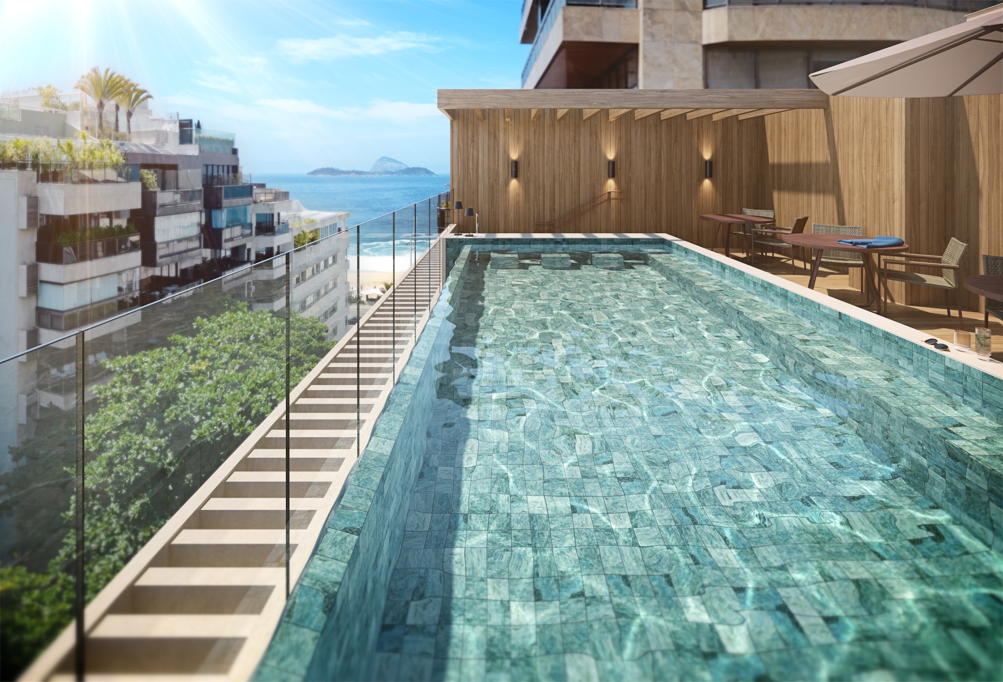 Piscina do rooftop do Guilhem com vista para o mar do Leblon